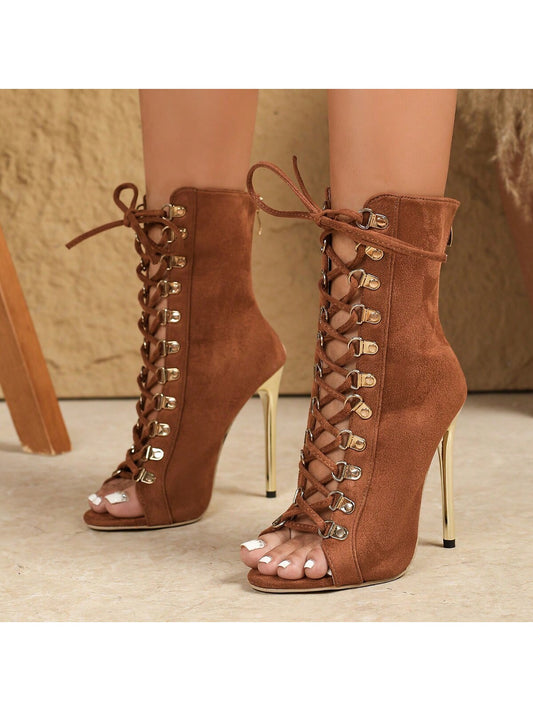 Rivet Gladiator Sandals 2025 | Rome-Inspired Peep Toe Heels 👠 | Gold Accent Lace-Up, 12cm Elegance ✨