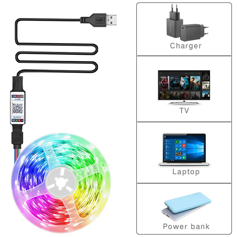 RGB LED Strip 5050 | Bluetooth Mood Lighting 📱 | USB Powered Flexible Tape 💡 for Room & TV 🎬