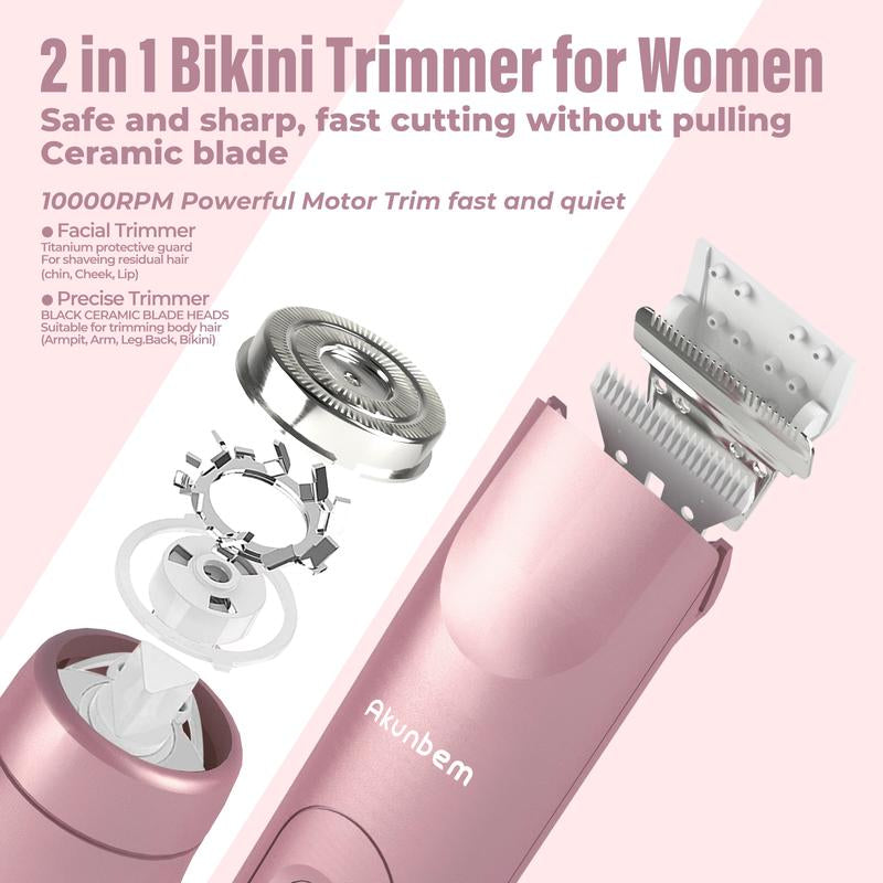 Akunbem Bikini Trimmer for Women | 2-in-1 Electric Shaver & Razor ⚡ | Rechargeable, Waterproof, Dual Heads 💎