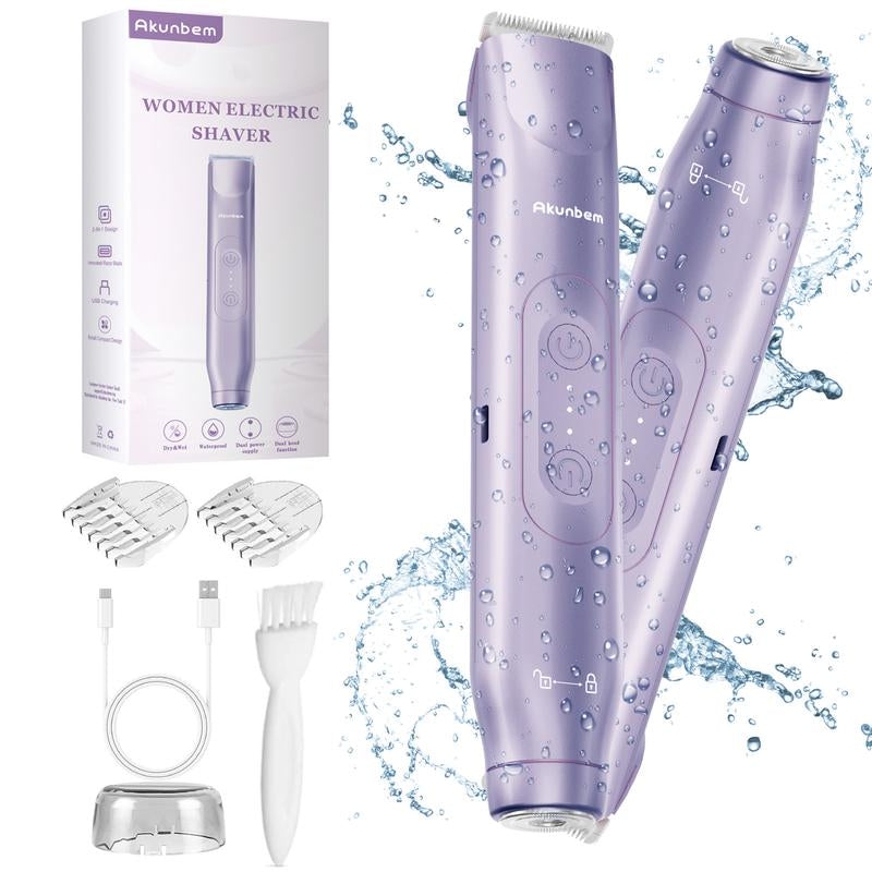 Akunbem Bikini Trimmer for Women | 2-in-1 Electric Shaver & Razor ⚡ | Rechargeable, Waterproof, Dual Heads 💎