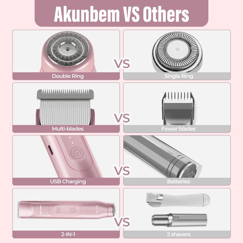 Akunbem Bikini Trimmer for Women | 2-in-1 Electric Shaver & Razor ⚡ | Rechargeable, Waterproof, Dual Heads 💎